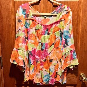 Floral & Ivy brand Orange and Pink Ruffled Bell Sleeve Blouse